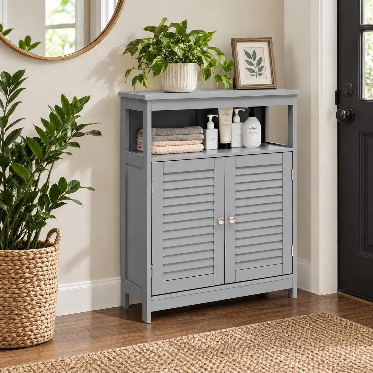 Airfind Wood Freestanding Bathroom Storage Cabinet with Double Shutter Door, 77 lbs Capacity, P2 MDF Frame, 23.5in x 12in x 31.5in Footprint, Gray