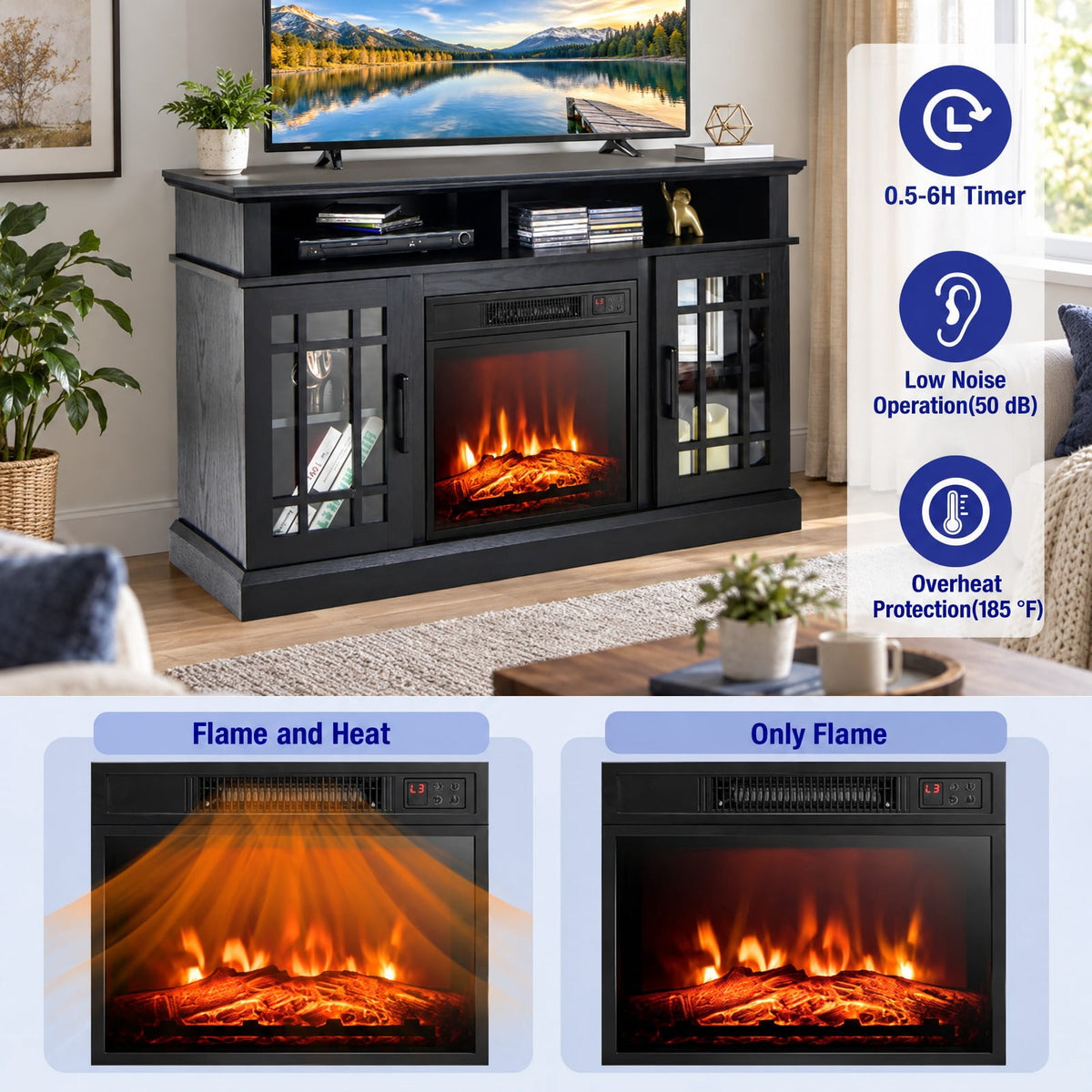 Airfind 48 Inch Electric Fireplace TV Stand with Cabinets for TVs up to 55 Inch, 70 Lbs Capacity, 48 Inch X 16 Inch X 30 Inch, Black