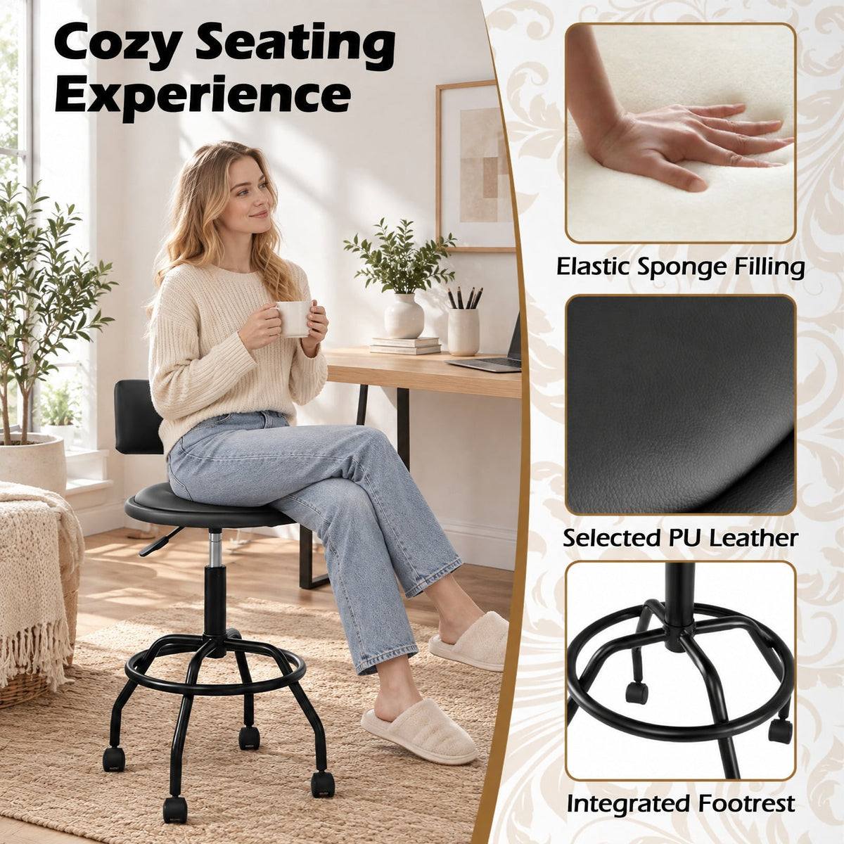 Airfind Modern Swivel Height Adjustable Bar Stool with Backrest, Bar Chair 330 lbs Capacity, Metal PU Leather Sponge Plywood Frame, Black