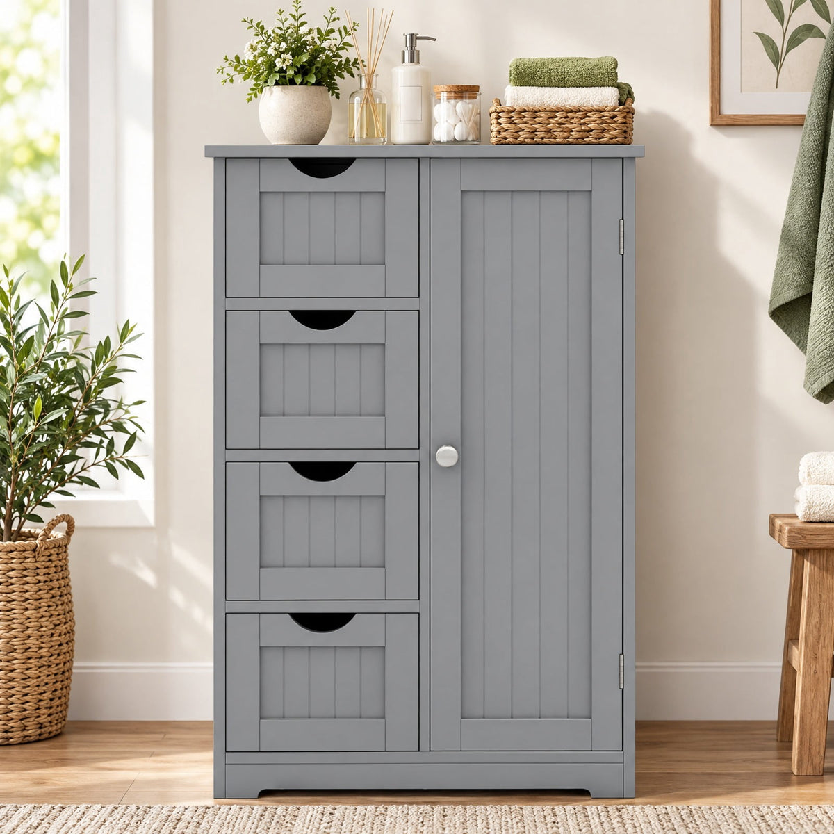 Airfind Standing Indoor Wooden Cabinet, with 4 Drawers, 143 lbs Capacity, MDF Engineered Wood Frame, 21.5 Inch x 12 Inch x 32.5 Inch Footprint, Gray