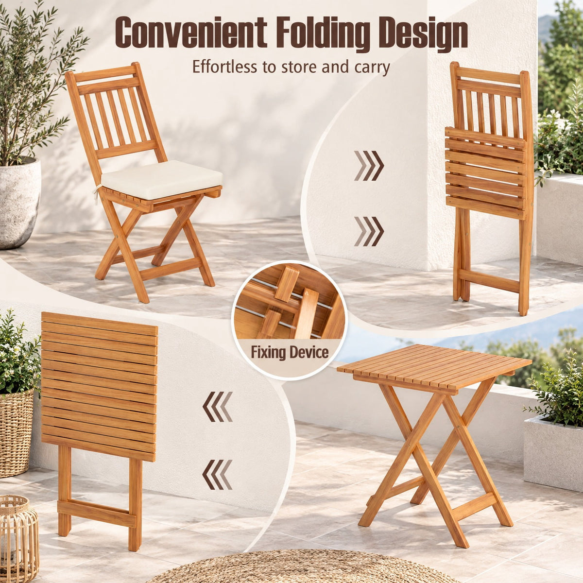 Airfind Outdoor Wood Bistro Set with Soft Seat Cushions and Table, Chair 400 lbs Capacity, Acacia Wood Polyester Sponge Frame, White