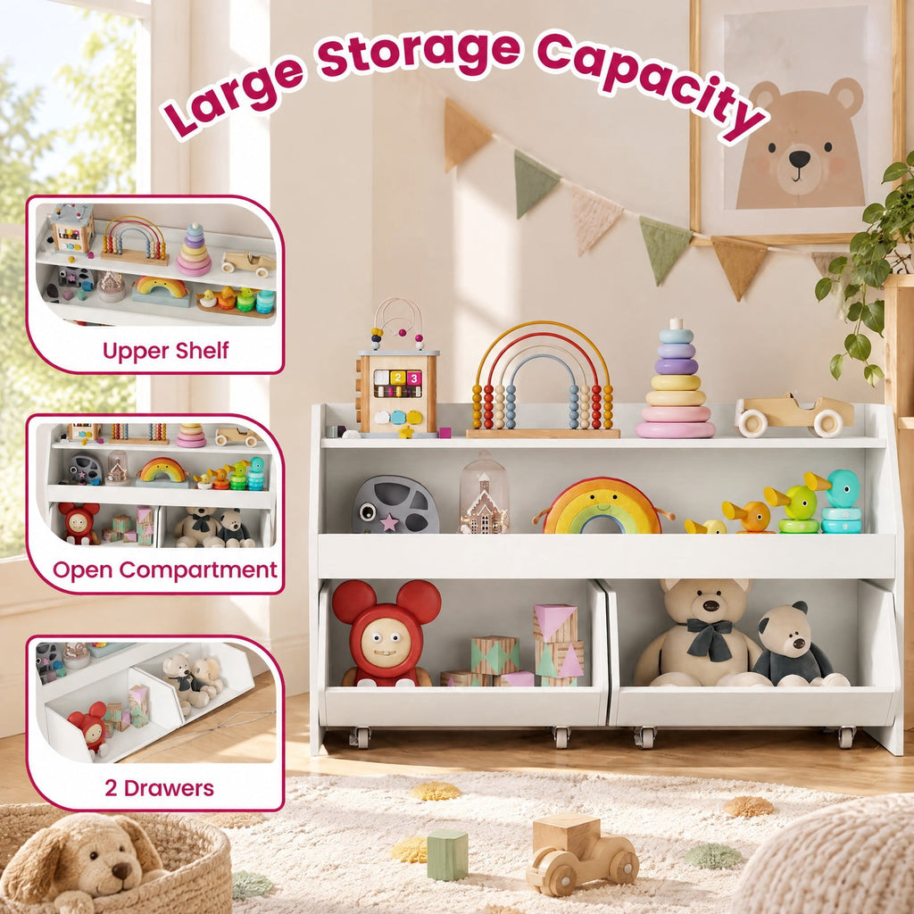 Airfind Kids Toy Storage Organizer Wooden Bookcase with 2 Movable Drawers, 176 lbs Capacity, Engineered Wood Frame, for 3+ Years Old Total, White