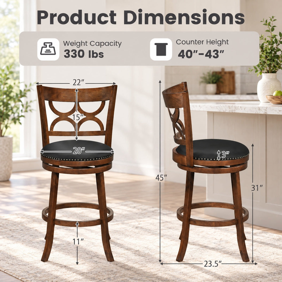 Airfind Swivel Bar Stools Set of 2 with High Backrest and Wood Frame-29 Inches, 330 lbs Capacity, Rubber Wood PVC Leather Sponge Frame, Expresso