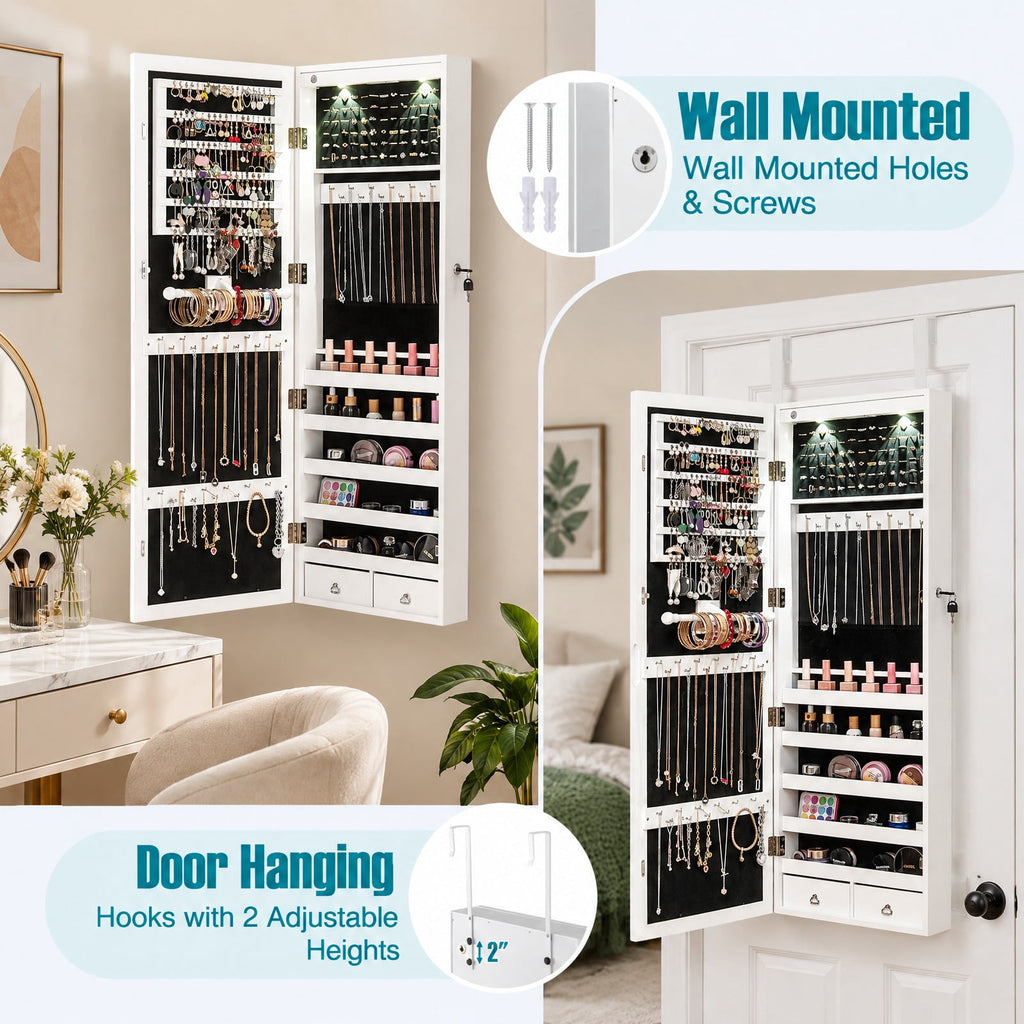 Airfind Lockable Wall Mount Mirrored Jewelry Cabinet with LED Lights, MDF Type: Wall/Door mounted Frame, 14.6 Inch x 3.8 Inch x 43.3 Inch Footprint, White