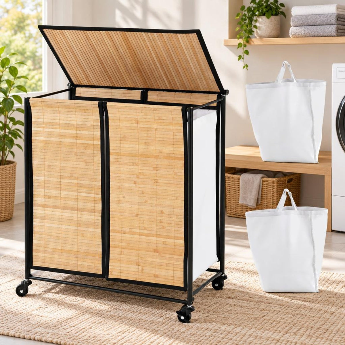 Airfind 18.5 Gal Laundry hamper with Lid 2-Section with 2 Lockable Wheels, 11 lbs Capacity, Bamboo Metal Oxford Cloth Frame, Natural