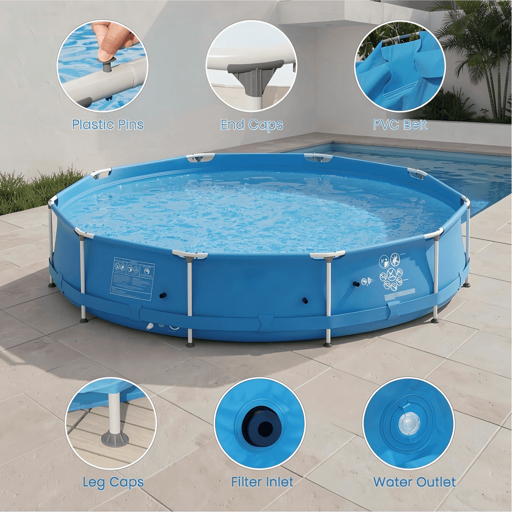 Airfind 12ft x 30in Round Above Ground Swimming Pool with Iron Frame & Pool Cover, 3-Layer PVC Mesh, Blue
