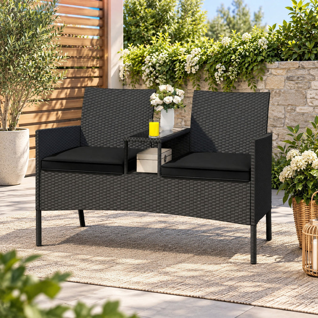 Airfind Patio Loveseat with Built-in Table for Backyard Porch, 400 lbs Capacity, PE Rattan Metal Polyester Sponge Tempered Glass Frame, Black
