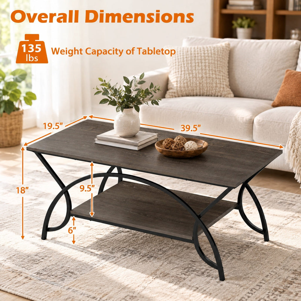 Airfind 2-Tier wood grain Coffee Table with wood grain top and Metal Frame, 110 lbs Capacity, Engineered wood steel Frame, Oak