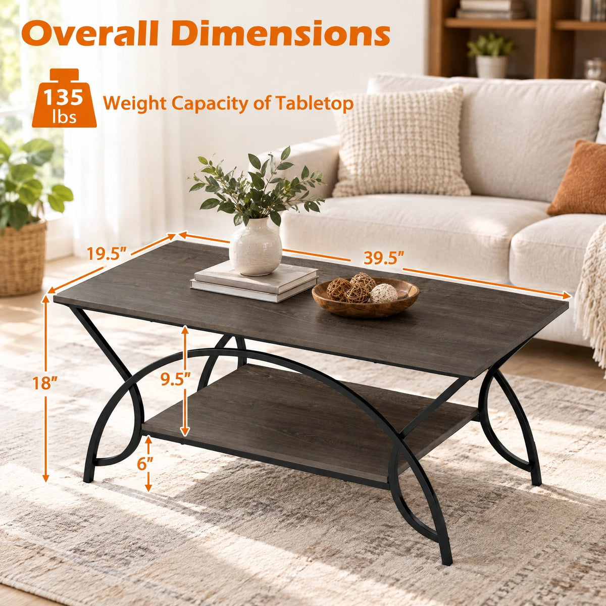 Airfind 2-Tier wood grain Coffee Table with wood grain top and Metal Frame, 110 lbs Capacity, Engineered wood steel Frame, Oak