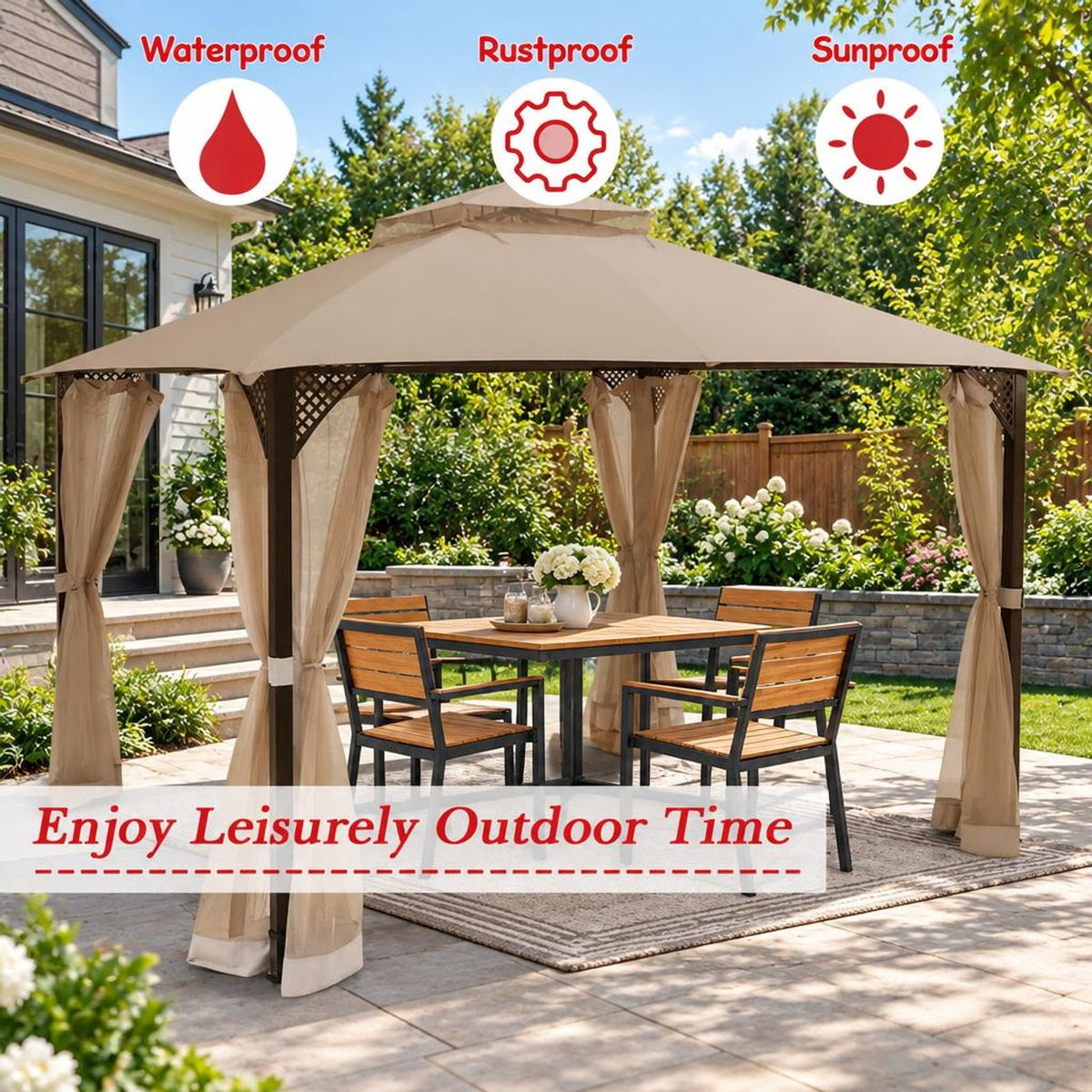 Airfind 12 x 10 Feet Outdoor Double Top Patio Gazebo with Netting, Polyester steel Frame, 12 x 10 x 9.5 Footprint, Brown