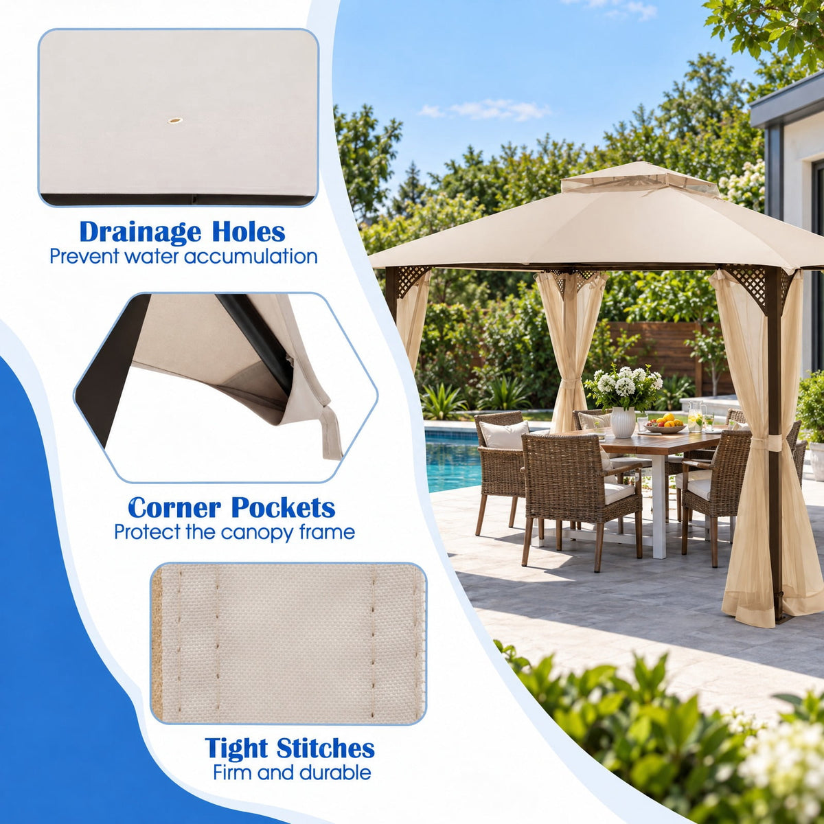 Airfind 10 x 12 Feet Gazebo Replacement Top with Air Vent and Drainage Holes, Polyester Frame, 12 ft x 10 ft Footprint, Beige