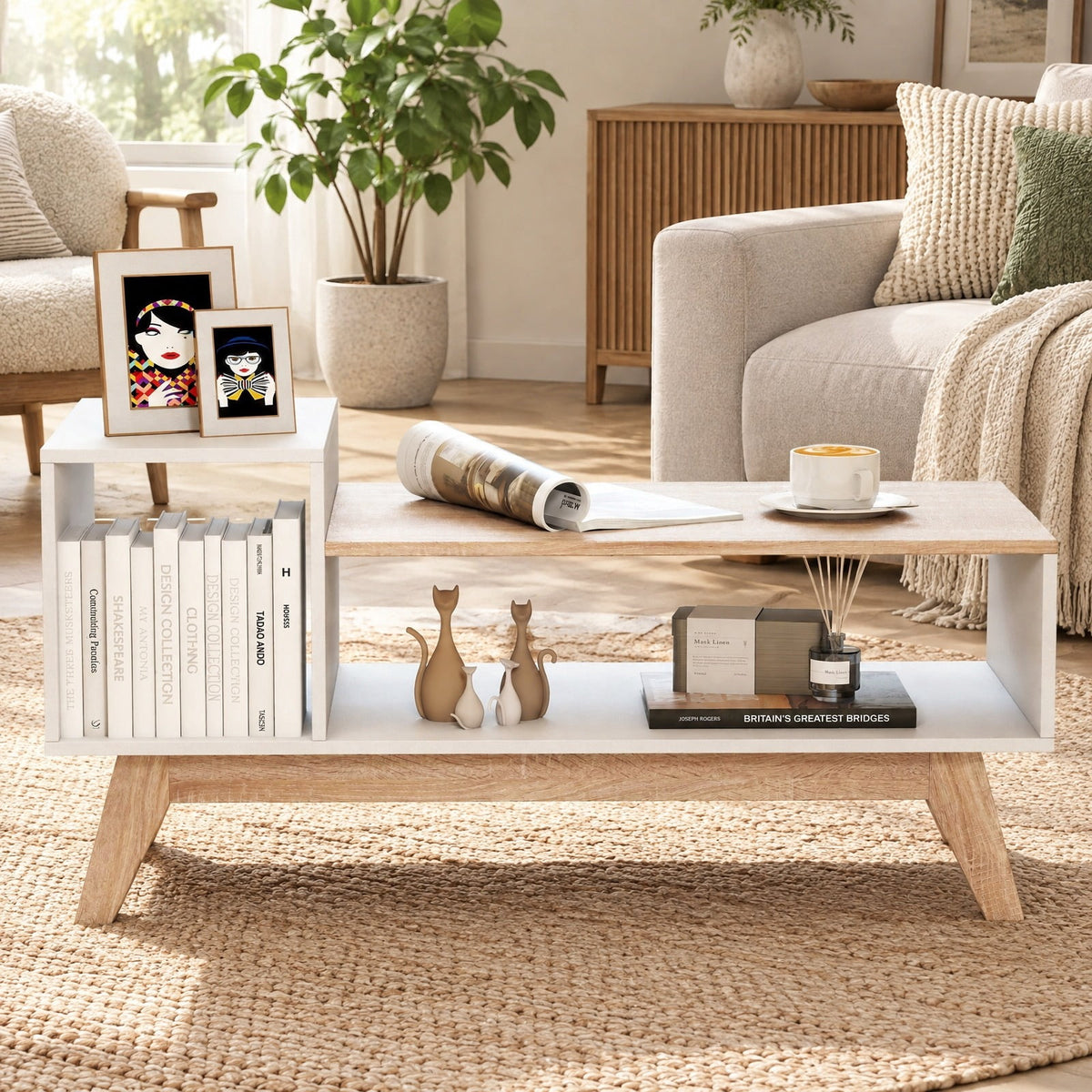 Airfind 43 Inch Coffee Table with Stepped Tabletop and Storage Compartments, 100 lbs Capacity, Engineered Wood MDF Frame, White