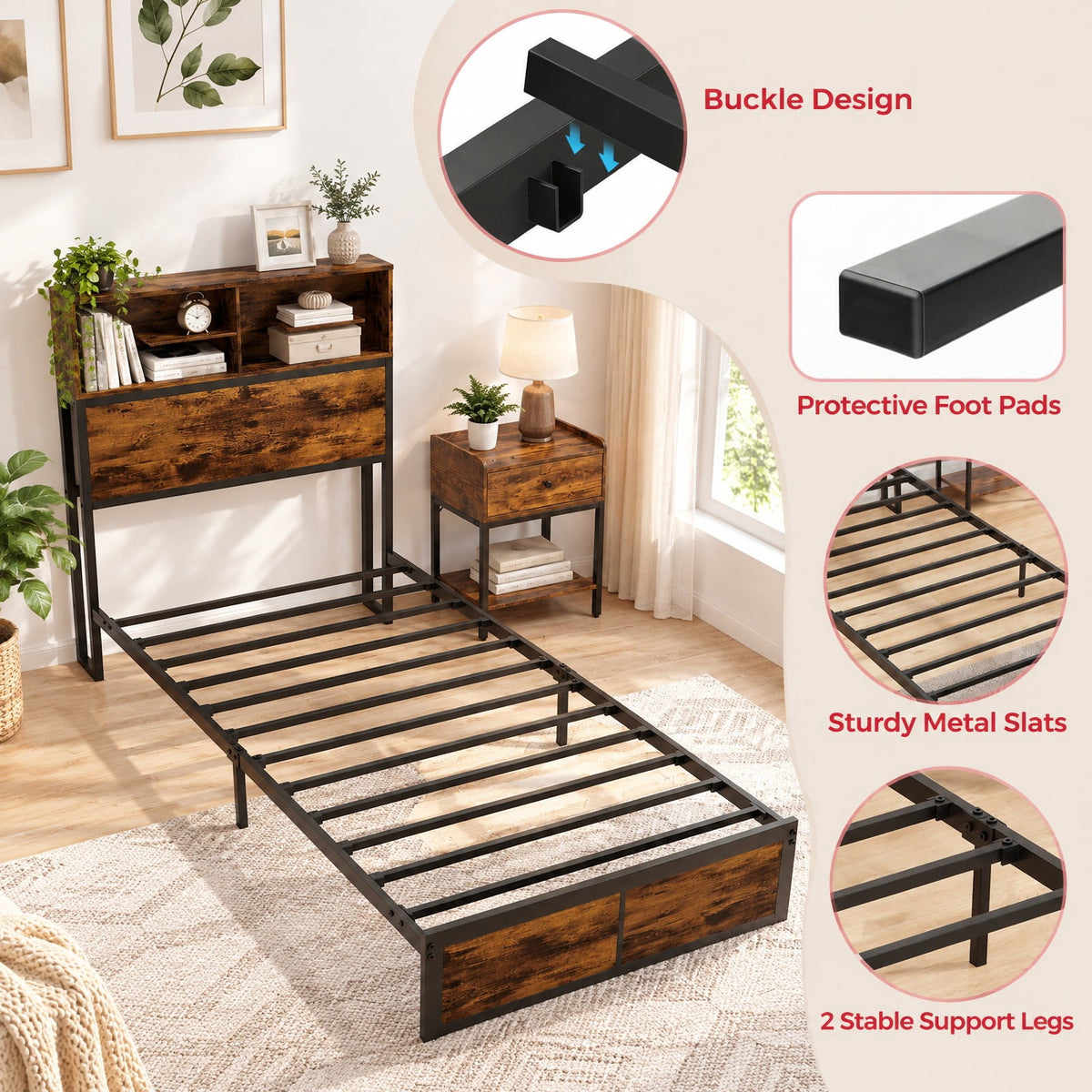 Airfind Twin Size Bed Frame with Storage Headboard Industrial Metal Platform Bed, 485 lbs Capacity, Metal Engineered Wood Frame, Rustic Brown