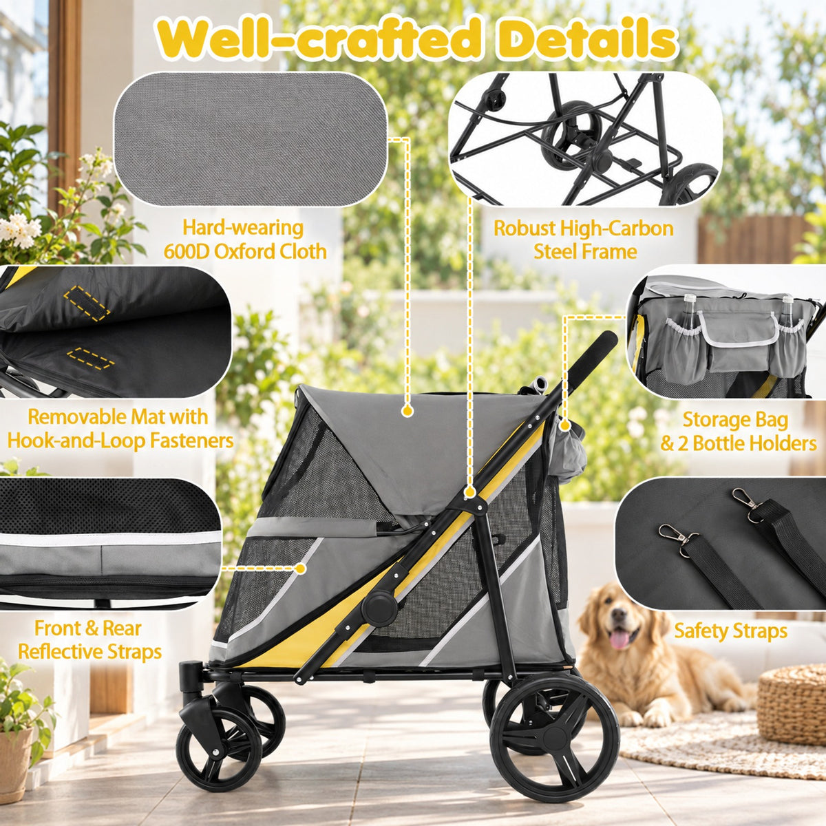 Airfind 220 LBS Heavy Duty Dog Stroller for Large and Medium Dogs with One-Step Foot Brake and Top and Front Windows, 41.5in x 27in x 40inCabin Footprint