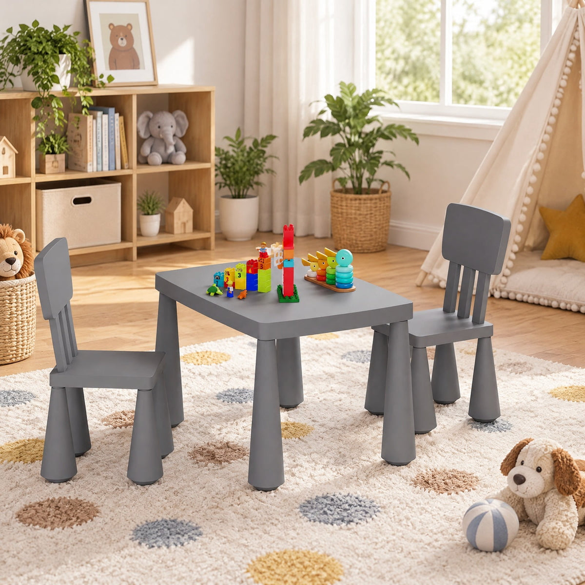 Airfind Table and Chair Set, 3 Pieces Multifunction Activity Youth Play, 110 lbs Capacity, PP Frame, 30 Inch x 21 Inch x 19 Inch Footprint, Gray