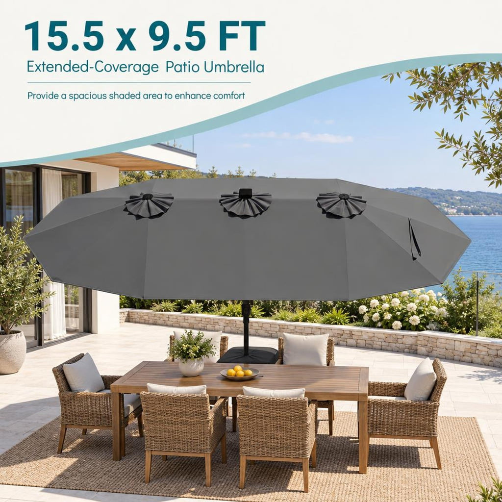 Airfind 15.5FT Extra-Large Patio Umbrella with Base 12 Reinforced Ribs, 180G Polyester Fabric Metal External Frame, Gray