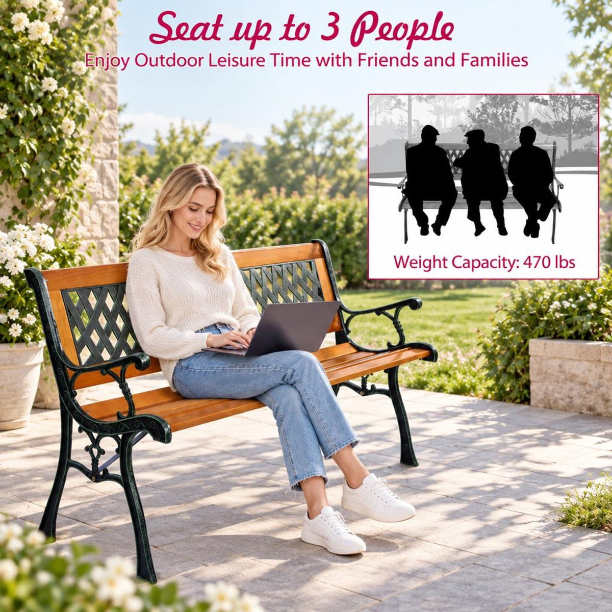 Airfind Outdoor Cast Iron Patio Bench, 463 lbs Capacity, Cast iron Frame, 49.5 x 20.5 x 29 Product weight: 30 lbs Footprint, Black + natural