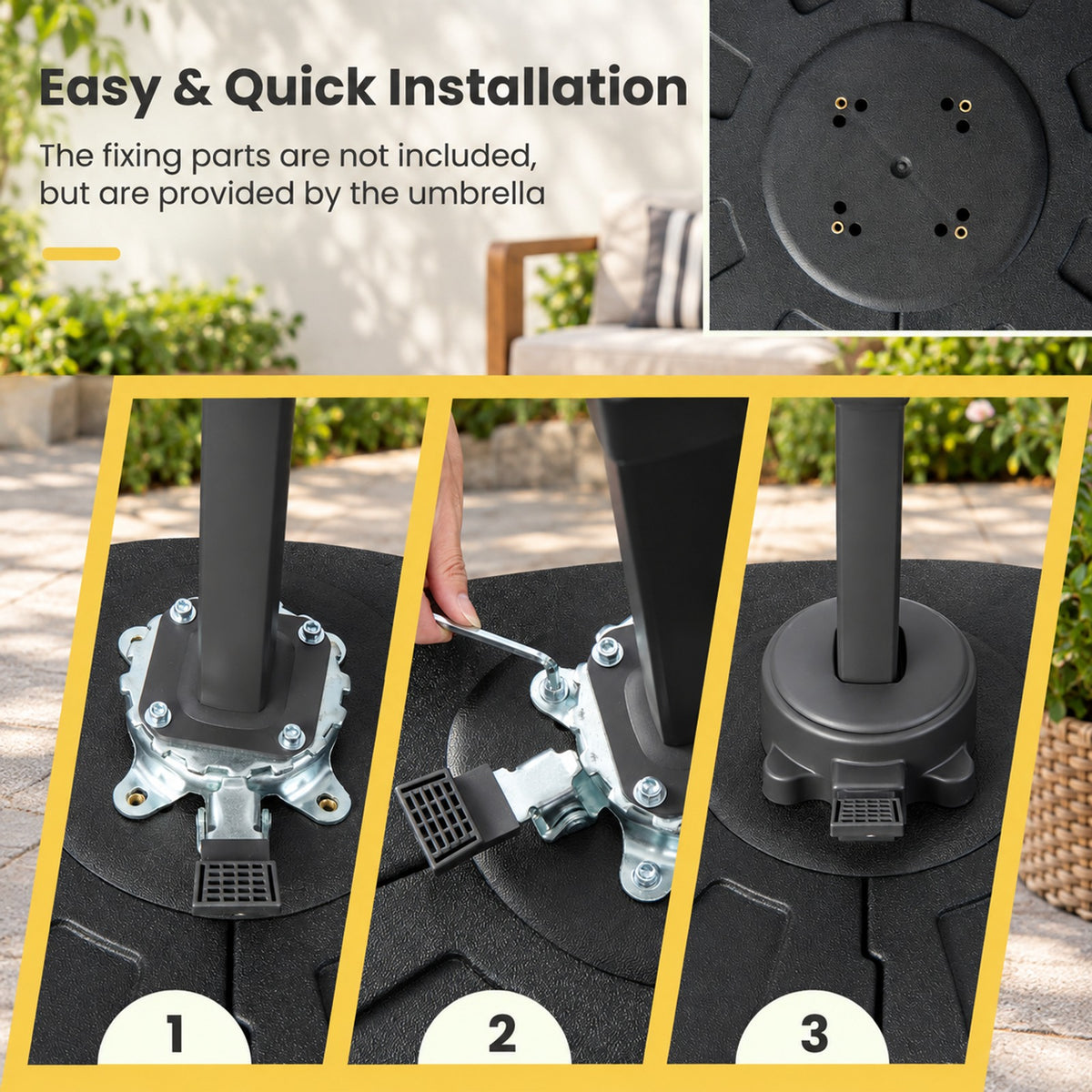 Airfind 260 lbs Offset Patio Umbrella Base with Wheels Sand Water Filled, HDPE Frame, Black, Overall Dimensions 33.5 x 33.5 x 8 (L