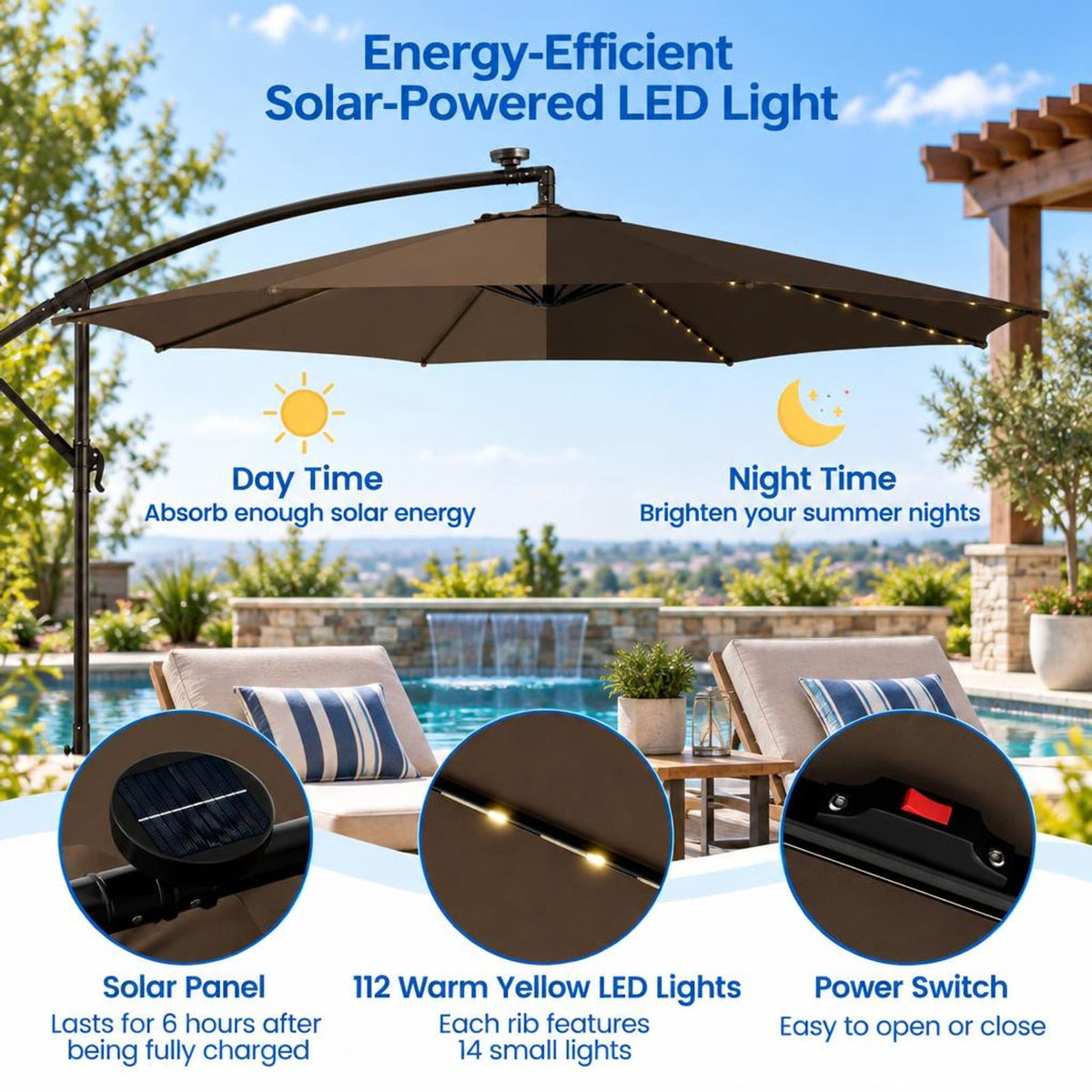 Airfind 10 Feet Patio Offset Umbrella with 112 Solar-Powered LED Lights-Beige, Polyester Fabric Metal Frame, 10 x 8 ft Footprint, Coffee