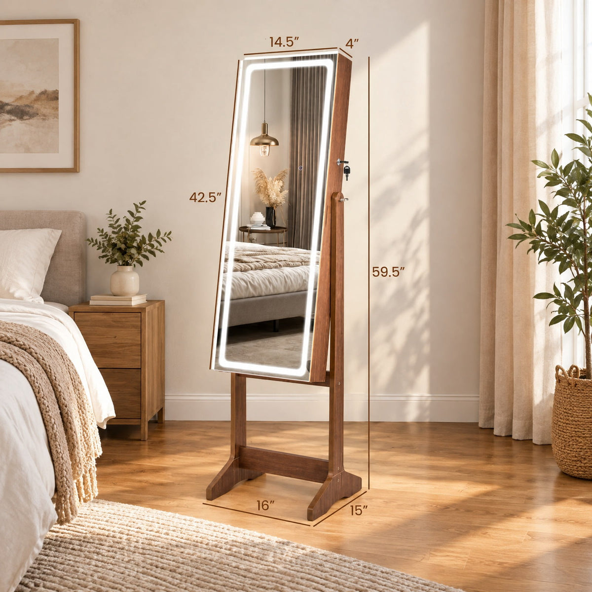 Airfind Lockable Jewelry Armoire Standing Cabinet with Lighted Full-Length Mirror, MDF Glass Acrylic Frame, 16 x 15 x 59.5 External Footprint