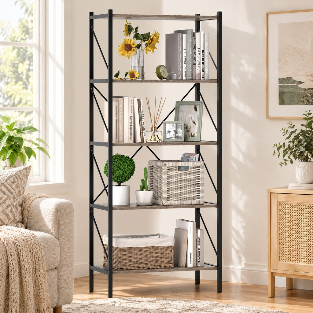 Airfind 5-Tier Bookshelf with Open Shelves and Heavy Duty Metal Frame, 220 lbs Capacity, Metal Engineered Wood Frame, Gray