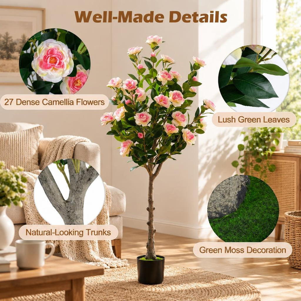 Airfind Set of 2 Artificial Camellia Tree with 27 Blossoms in Cement Pot for Home, Pink Green Black