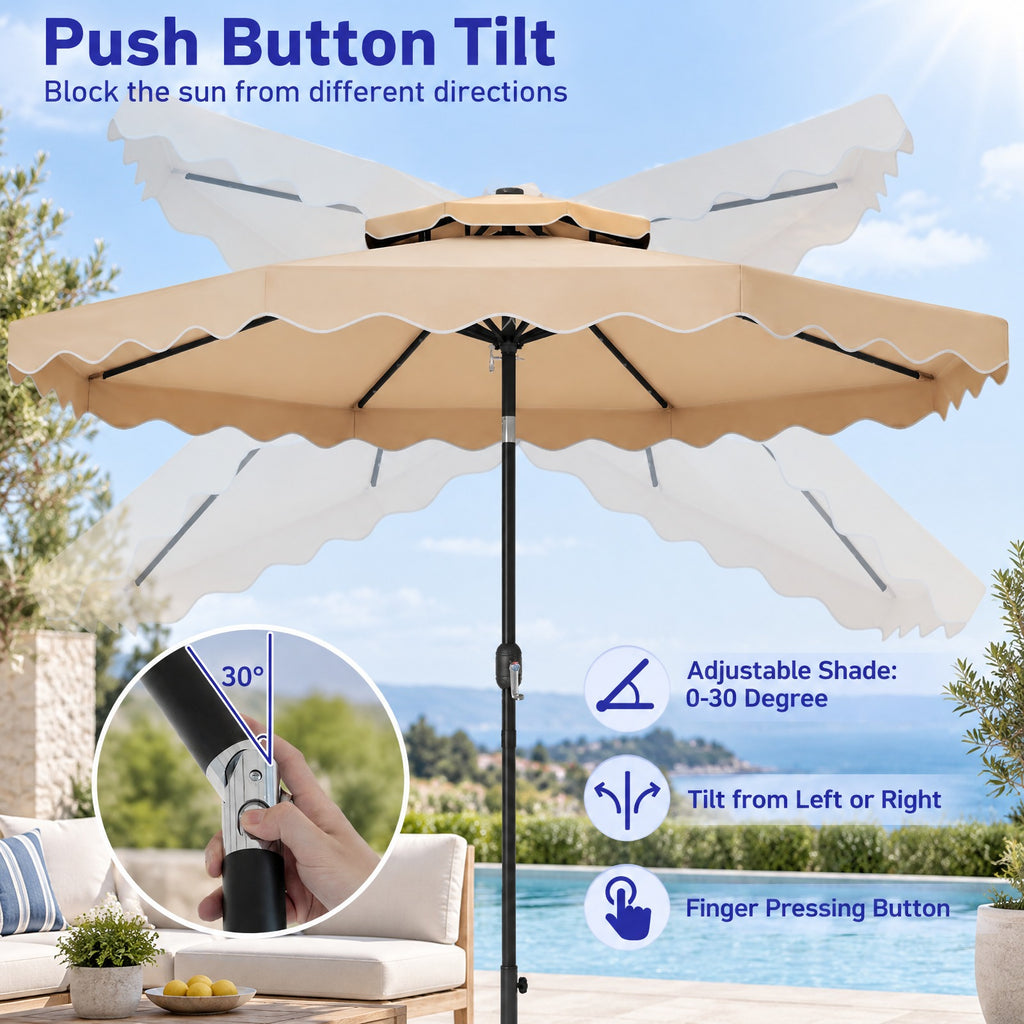 Airfind 9 FT Solar LED Patio Umbrella Push-Button Tilt and Crank 24 LED Lights and 8 Ribs, Polyester Fabric Metal Frame, 9 x 8.2 ft Footprint, Beige