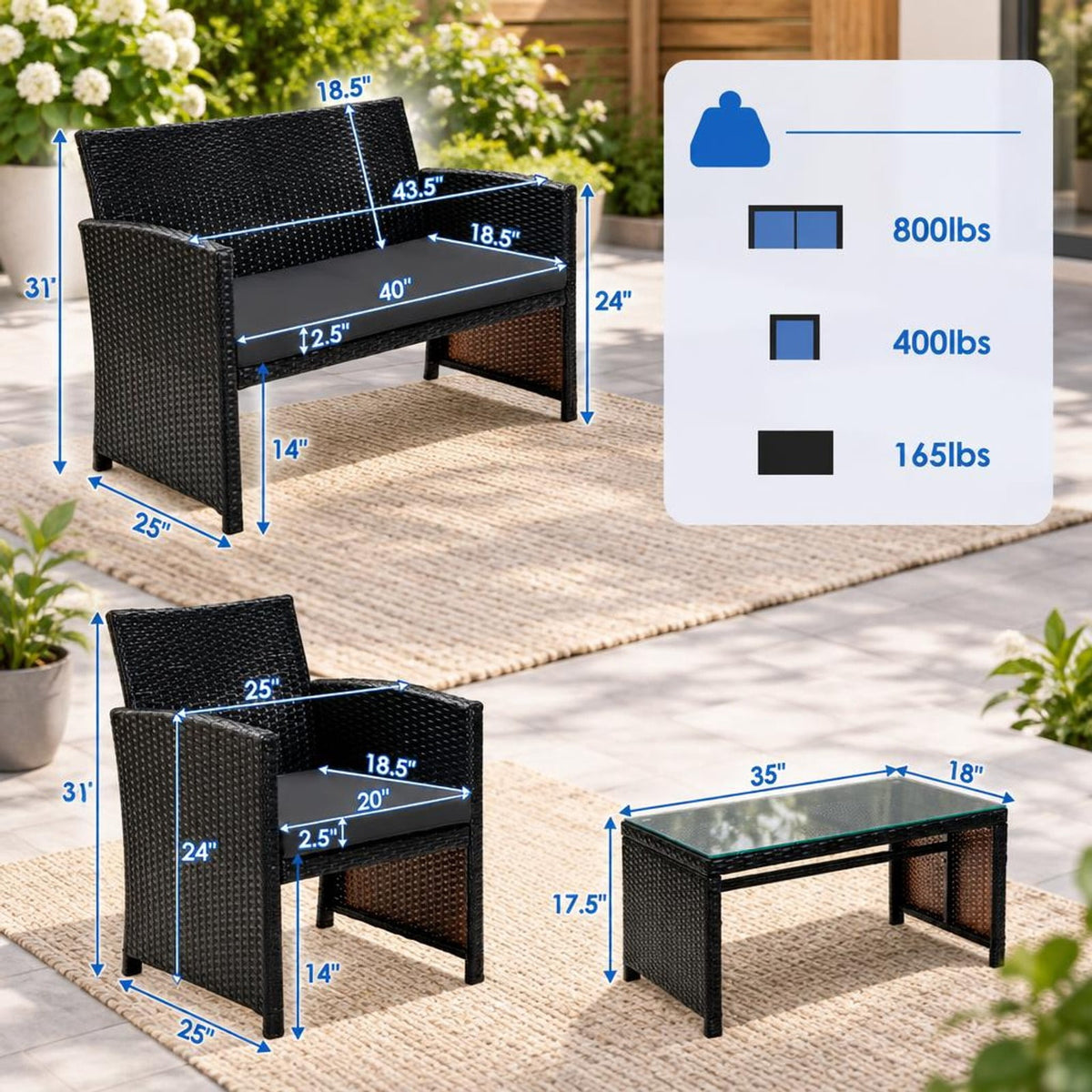 Airfind 4 Pieces Patio Rattan Cushioned Furniture Set with Coffee Table, Rattan Frame, 43.5 x 25 x 31 Footprint, Black