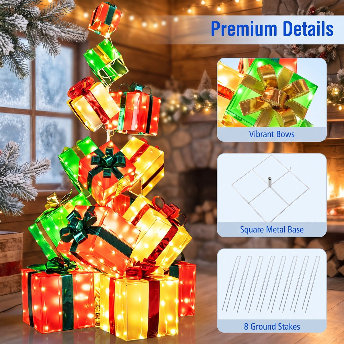 Airfind 15 PCS Lighted Christmas Boxes with Bowknot and 483 LED Light Bulbs for Indoor Outdoor, PVC Fabric Metal Frame, Red + Green + Gold