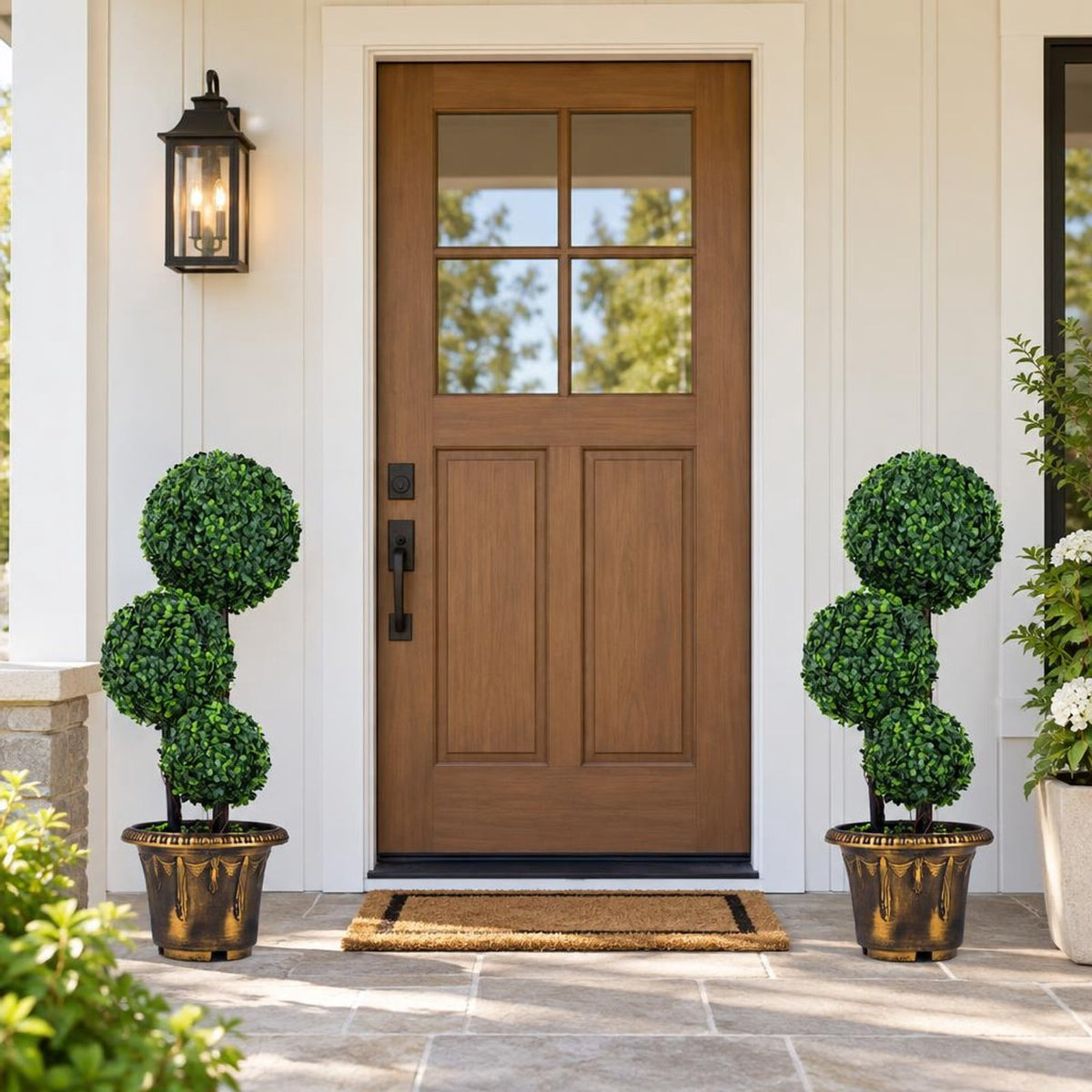 Airfind 29 Inches Artificial Boxwood Topiary Tree Triple Ball Shrubs, PE Metal Solid Wood Cement PP Tree Height 29 Inch/35 Inch Pot, Black