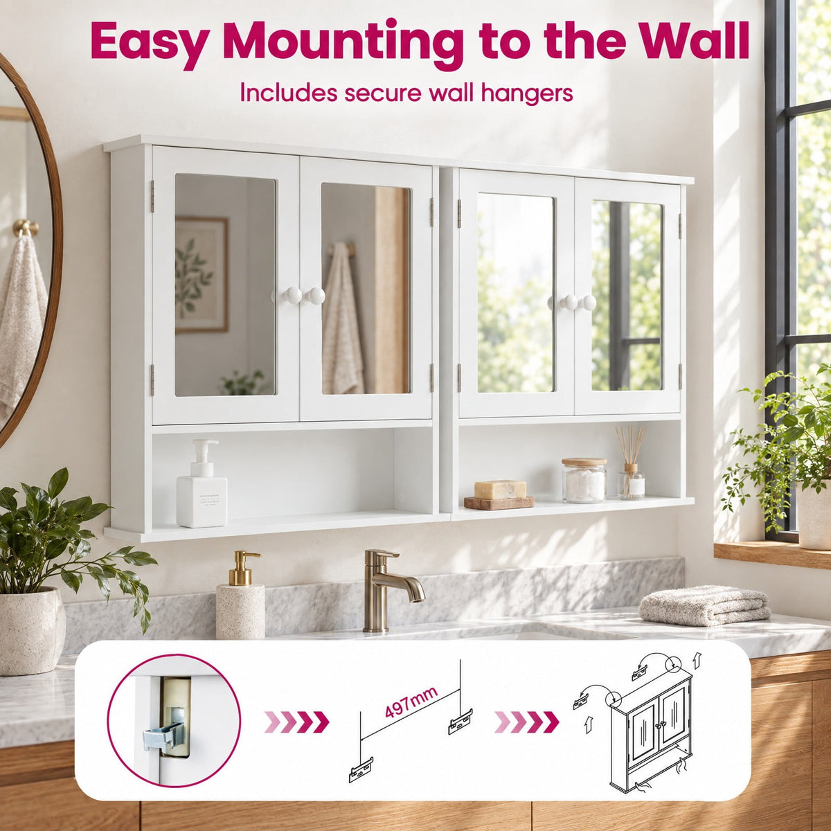 Airfind Bathroom Wall Mount Mirror Cabinet Organizer, 44 lbs Capacity, Engineered Wood Frame, 20in x 3.5in x 16in Footprint, White