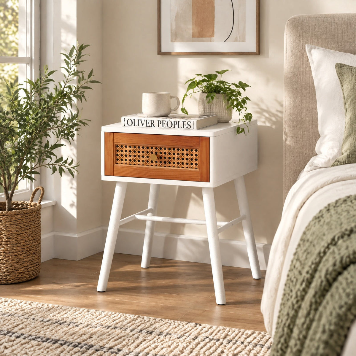 Airfind Rattan Nightstand Mid Century Modern Accent Table with Drawer, 110 lbs Capacity, Painted MDF Pine Wood Natural Rattan Frame, White