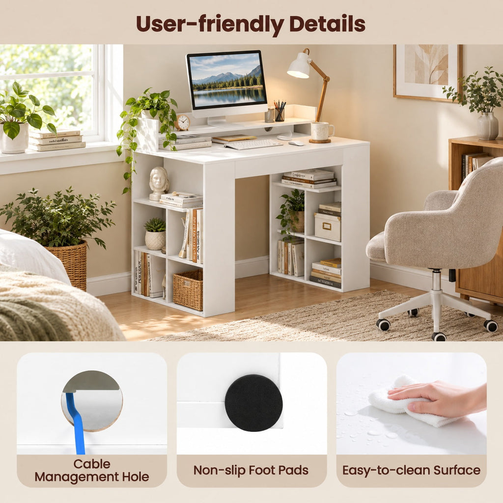 Airfind 43 Inch Computer Desk with Power Outlets and 2 Bookcases, 200 lbs Capacity, Engineered Wood Frame, 43 Inch x 22 Inch x 37 Inch Footprint, White
