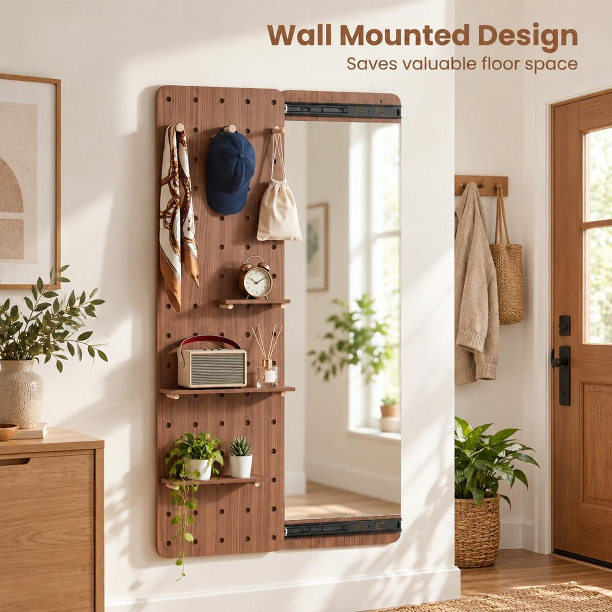Airfind Solid Wood Full Length Mirror with Pegboard Shelves and Hooks for Entryway, Solid Wood Glass Frame, 16 x 5.5 x 55 Footprint, Brown
