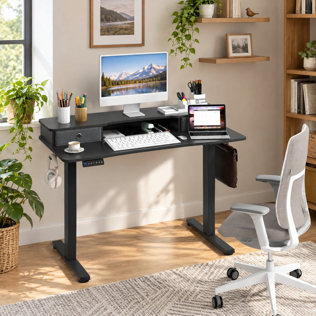 Airfind 48 Inch x 24 Inch Height Adjustable Electric Standing Desk with 2 Drawers, 200 lbs Capacity, Engineered Wood Metal Fabric Frame, Black