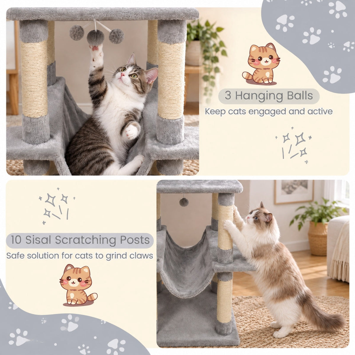Airfind Large Cat Tree for Indoor Cats 63 Inch Tall Cat Tower, Plush Fabric Sisal Engineered Wood Base Frame, Gray