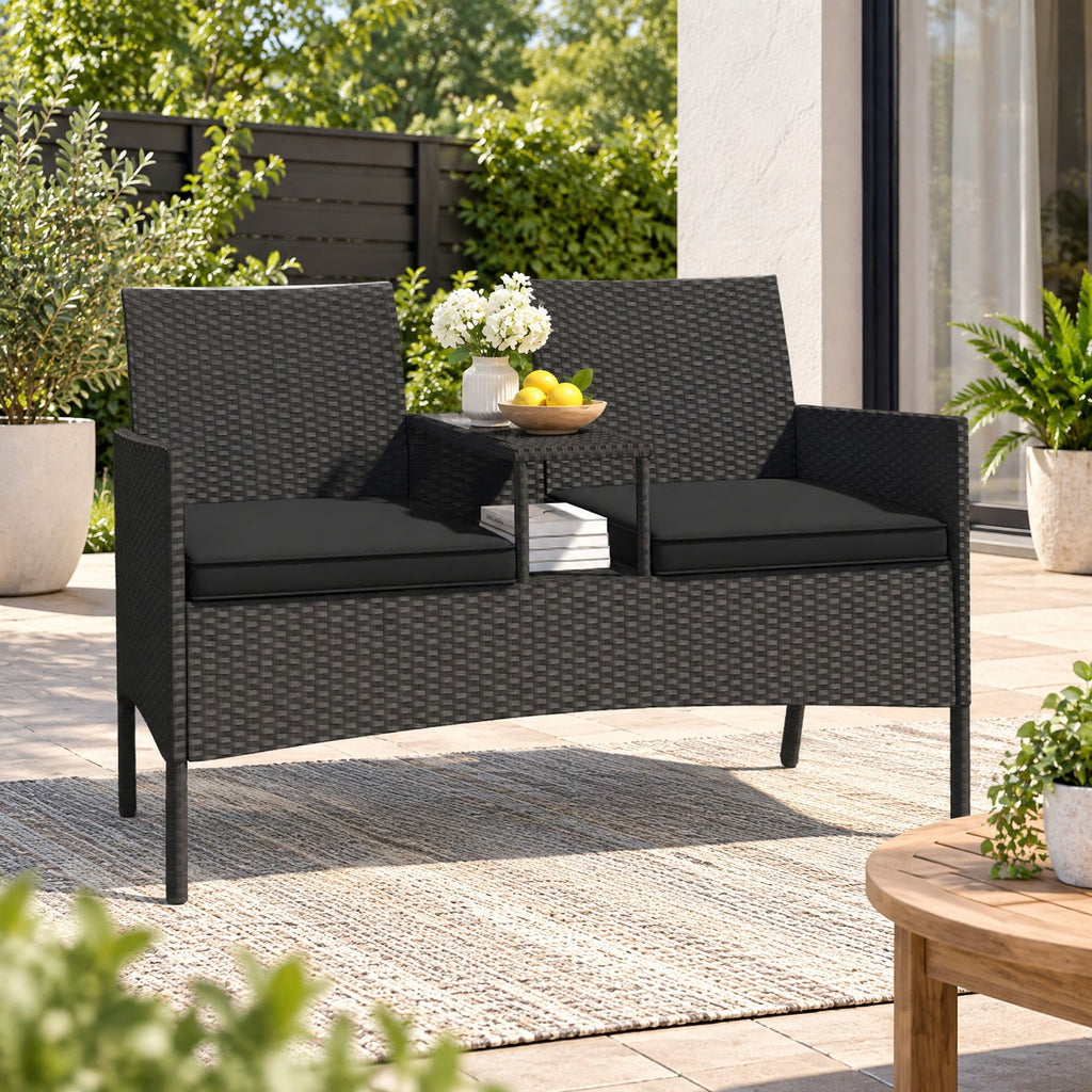 Airfind Patio Loveseat with Built-in Table for Backyard Porch, 400 lbs Capacity, PE Rattan Metal Polyester Sponge Tempered Glass Frame, Black