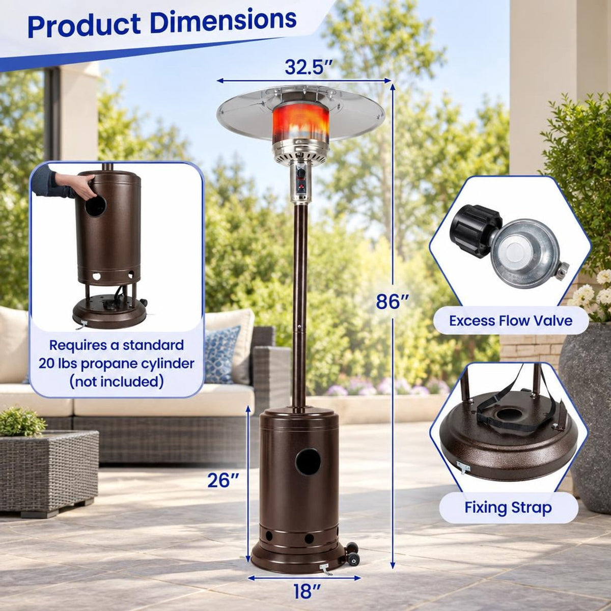 Airfind 50 000 BTU Patio Propane Gas Heater with Stainless Steel Burner, Stainless Steel Metal Aluminum Frame, 32.5in x 86in Footprint, Black