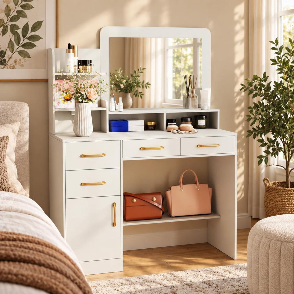 Airfind 39.5 Inch Vanity Desk with Power Outlets and Mirror for Bedroom, 85 lbs Capacity, 39.5in x 15.5in x 53inMirror Footprint, White