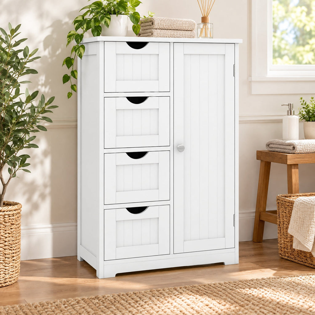 Airfind Standing Indoor Wooden Cabinet with 4 Drawers, 143 lbs Capacity, MDF Engineered Wood Frame, 21.5 Inch x 12 Inch x 32.5 Inch Footprint, White