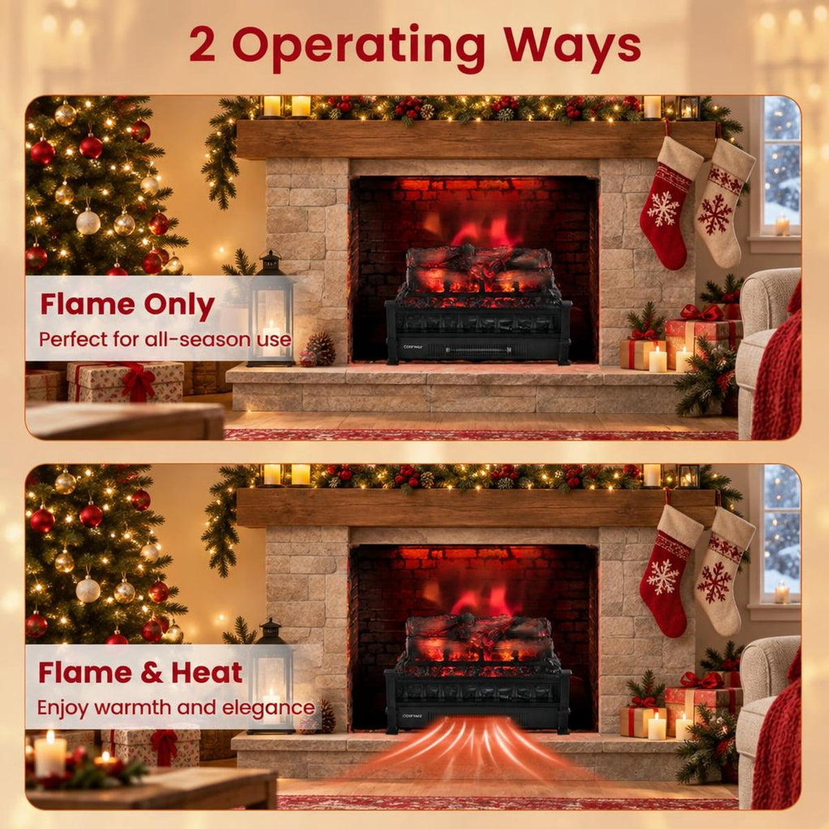 Airfind 20 Inch Electric Fireplace Heater with Realistic Pinewood Ember Bed, Black, Easy to operate with functional control panel