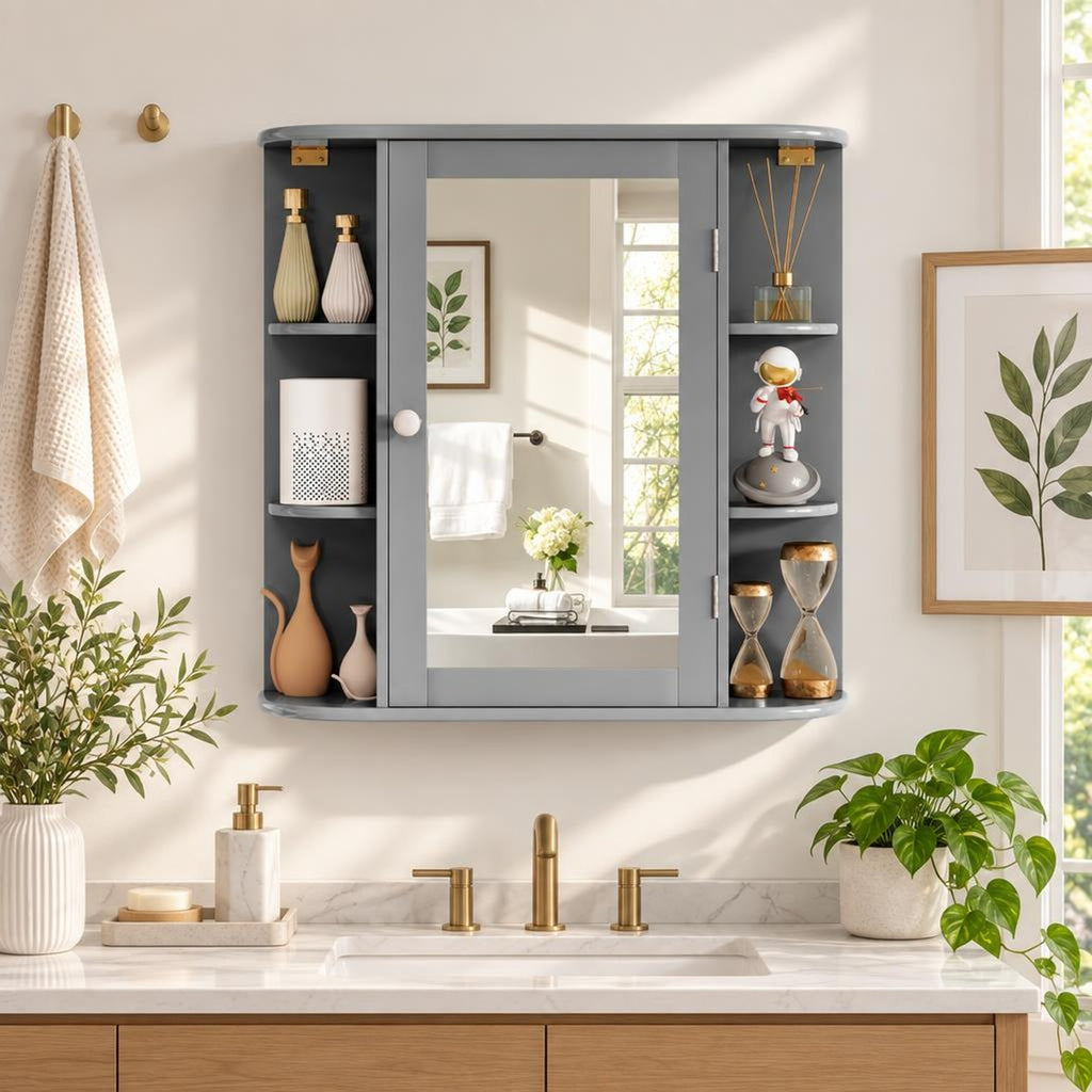 Airfind Multipurpose Mount Wall Surface Bathroom Storage Cabinet with Mirror, 44 lbs Capacity, MDF Frame, Gray