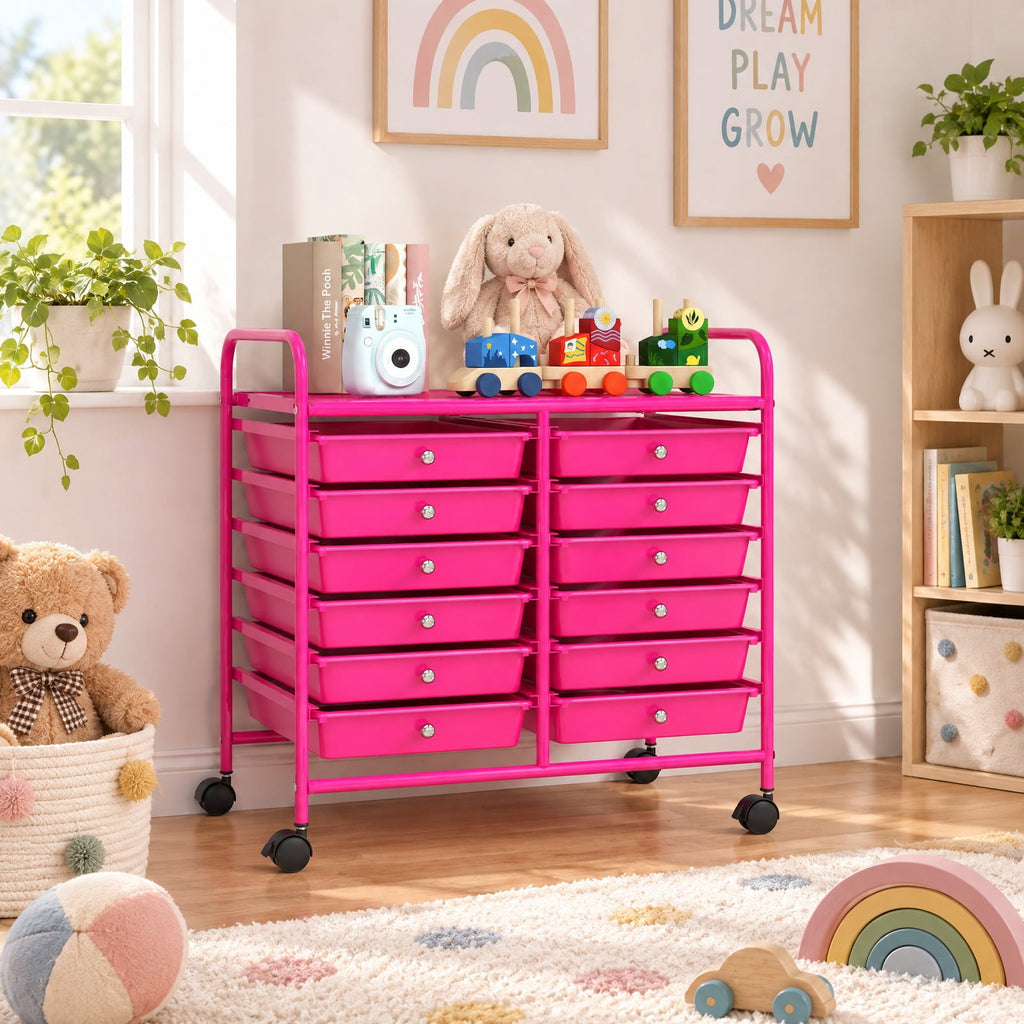 Airfind 12 Drawers Rolling Storage Cart for Home and Office, Steel Frame, 25inx15inx 34in Footprint, Pink