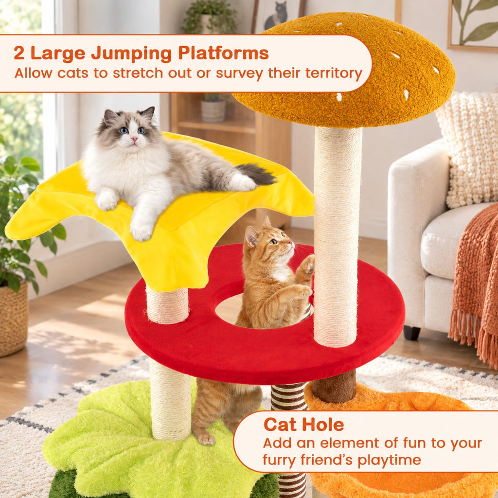 Airfind 46 Inch Tall Cat Tree Multi-Level with Padded Perch and Hanging Basket Bed, 22 lbs Capacity, 24 Inch x 46 Inch (Dia. x H) Condo Footprint, Yellow