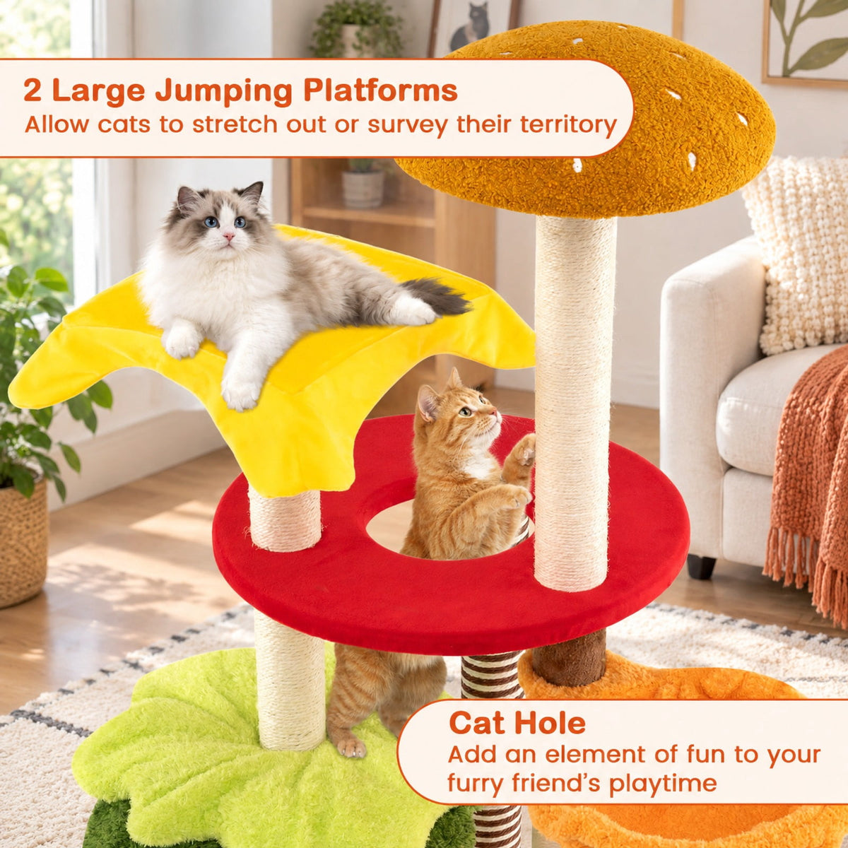 Airfind 46 Inch Tall Cat Tree Multi-Level with Padded Perch and Hanging Basket Bed, 22 lbs Capacity, 24 Inch x 46 Inch (Dia. x H) Condo Footprint, Yellow