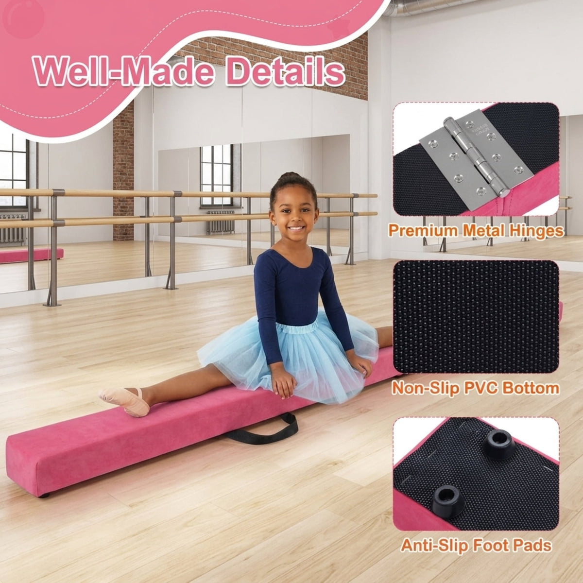 Airfind 7 Feet Folding Portable Floor Balance Beam with Suede Cover and Anti Slip Base for Kids Gymnastics Training at Home, Pink
