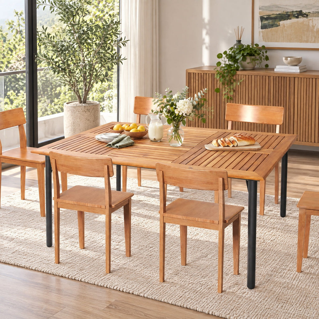 Airfind Patio Acacia Wood Dining Table with Umbrella Hole and Metal Legs, 165 lbs Capacity, Acacia Wood Metal Frame, 63 x 36 x 30 Footprint, Wood