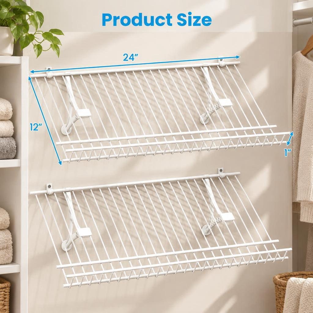 Airfind Closet Shelves Wall Mounted Set of 2 Metal Wire Shoe Racks, 11 lbs Capacity, Metal Frame, 24 Inch x 12 Inch x 1 Inch Footprint, White