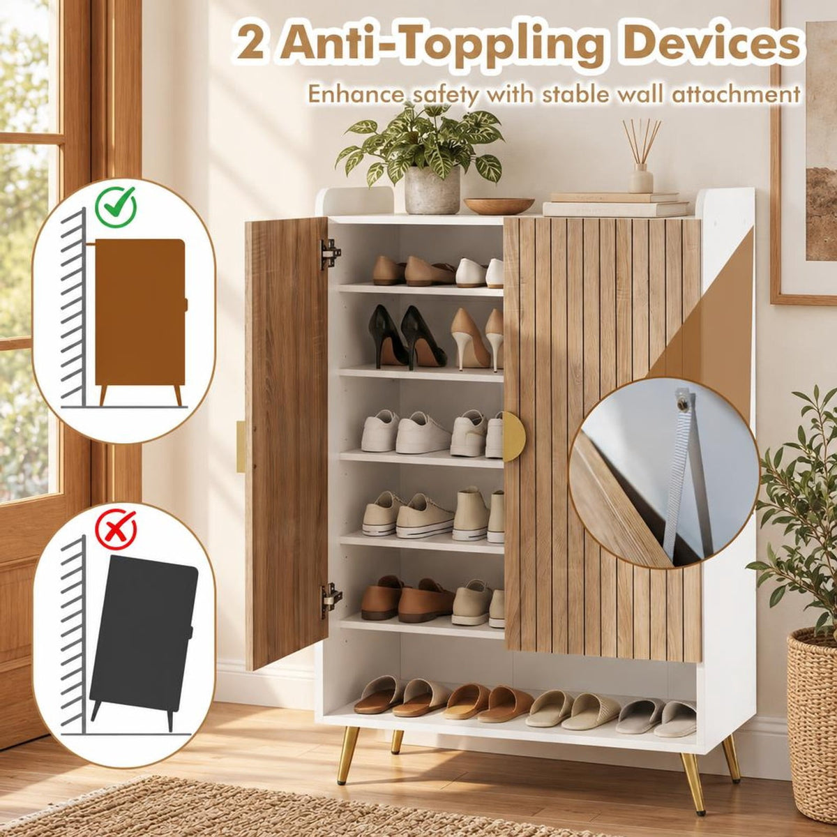 Airfind 44in Tall Shoe Storage Cabinet with 7-Tier Doors and Adjustable Shelves for Entryway, 110 lbs Capacity, Engineered Wood Metal Frame, Natural