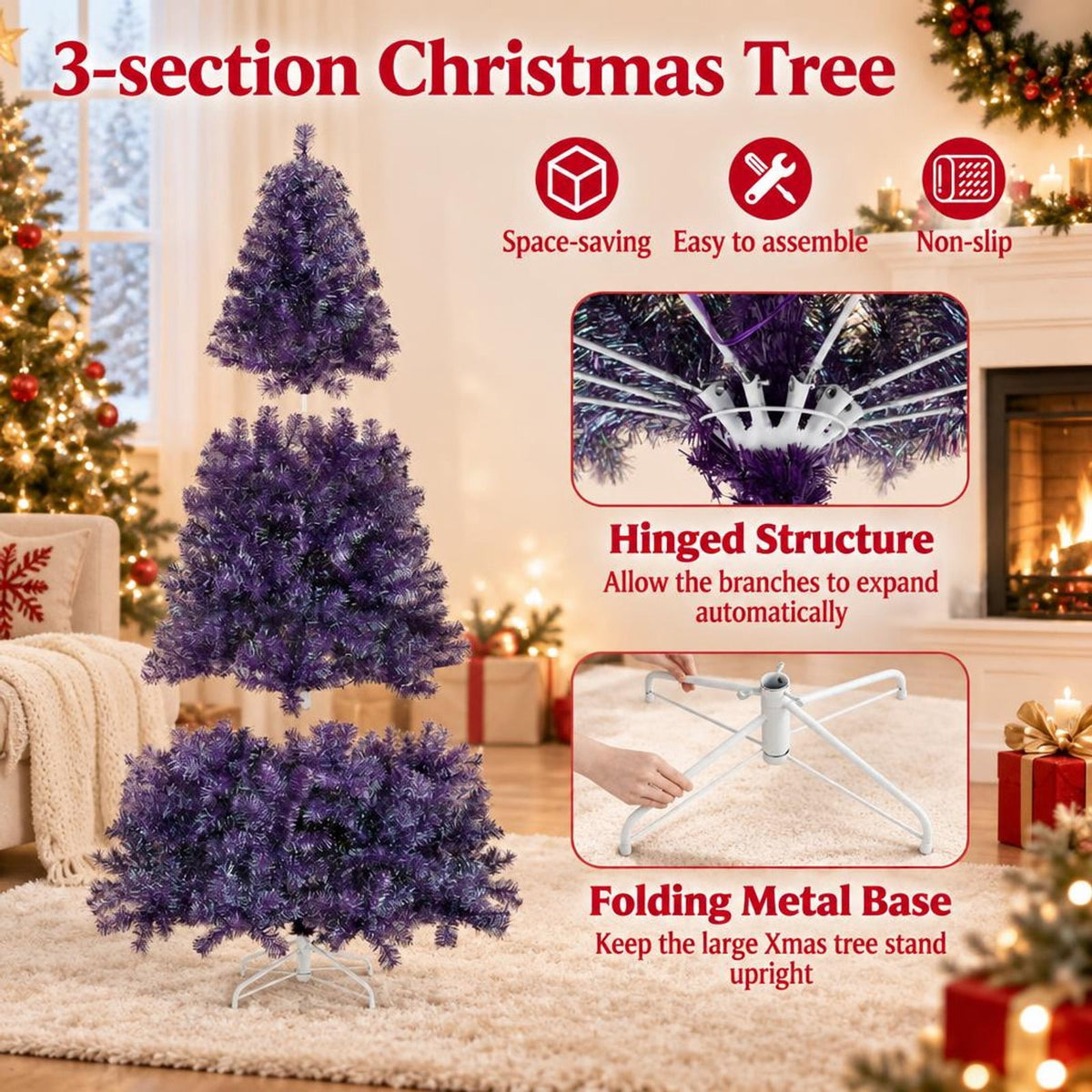 Airfind 7.5 FT Pre-Lit Purple Tinsel Christmas Tree with Warm White LED Lights, PVC and PET Artificial Fir Tree with Metal Stand, Purple